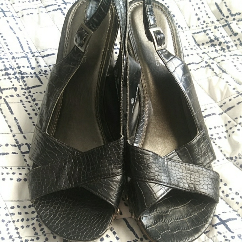 Faux Snakeskin & Wood Strappy Wedge Heels - Picture 2 of 4